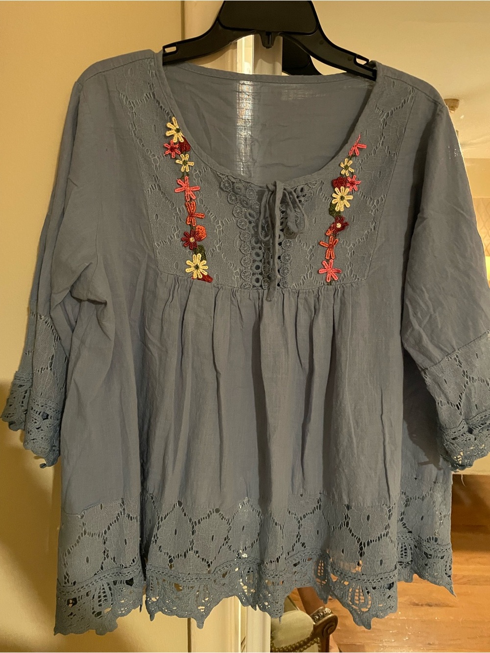 Womens Blue Embroidered Peasant Top - Brand